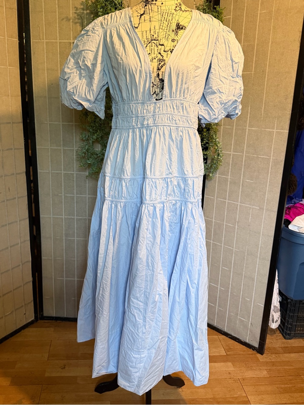 Showpo cotton Peasant flare cinched short sleeve plunge pastel coastal Dress 12